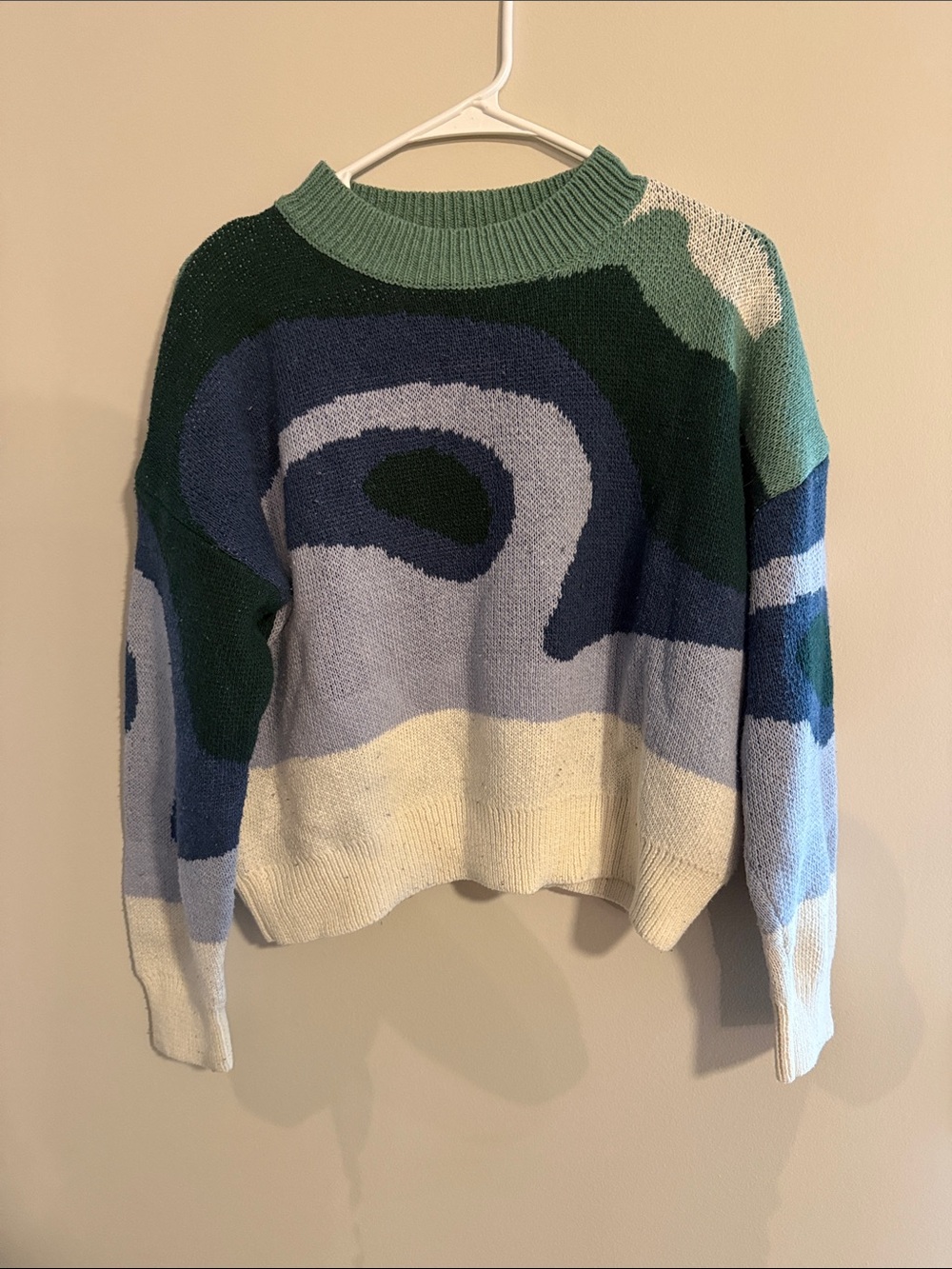 Women's Abstract Wave Knit Sweater in Green, Blue & Cream